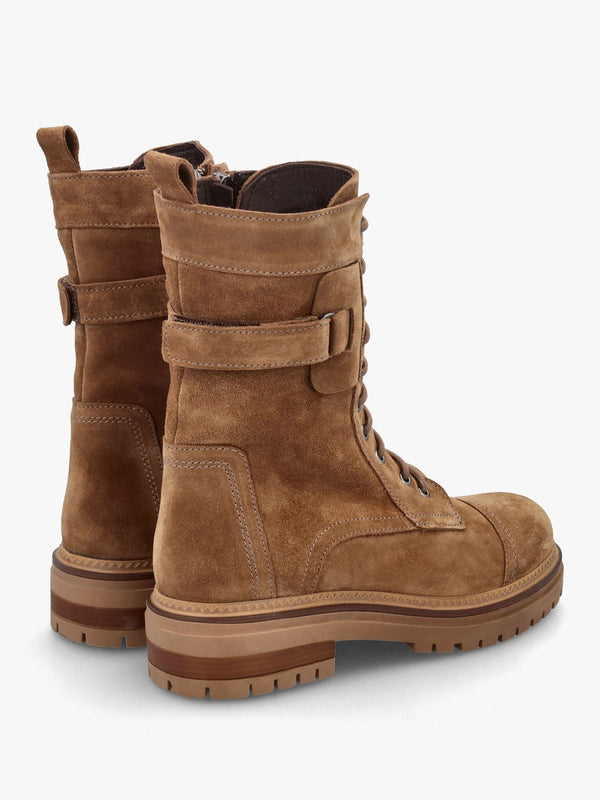 Idris Tan Suede Ankle Strap Biker Boots