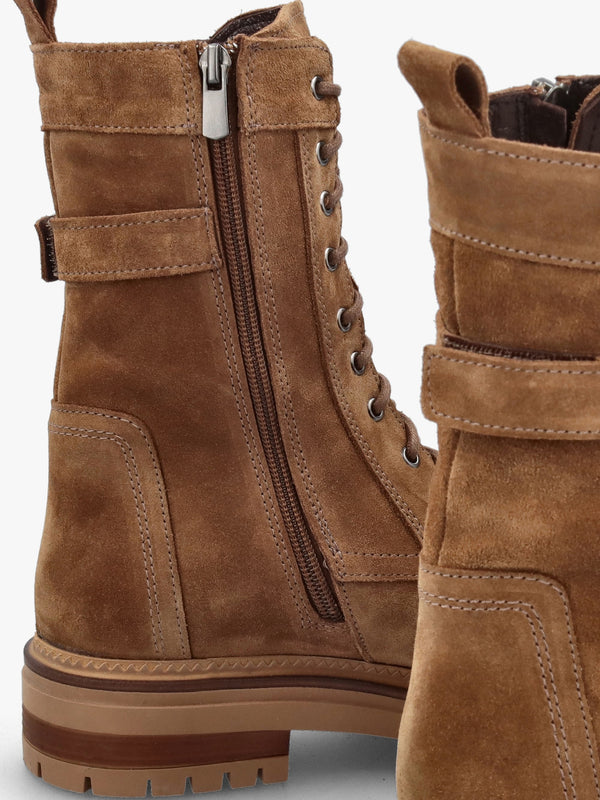 Idris Tan Suede Ankle Strap Biker Boots