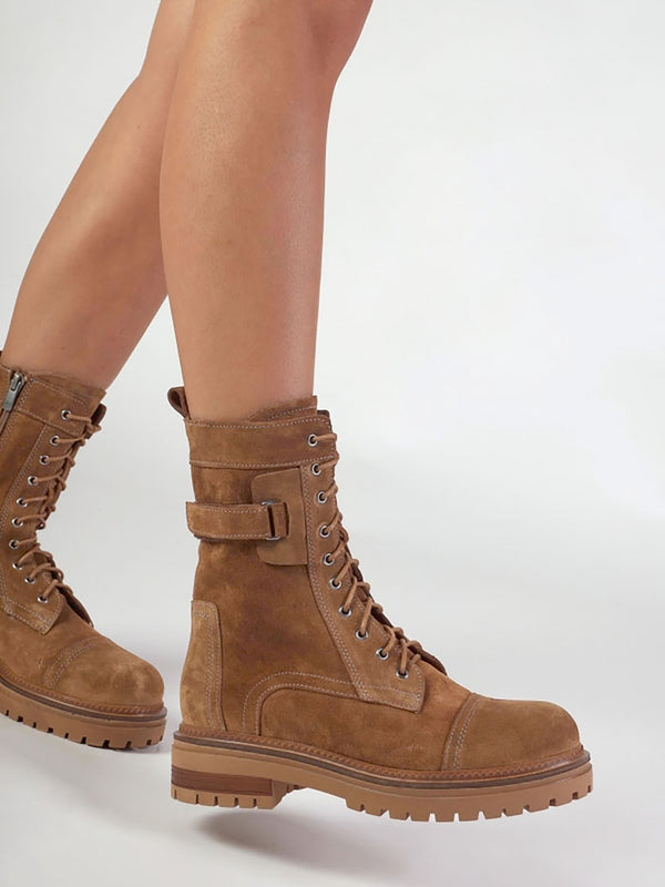 Idris Tan Suede Ankle Strap Biker Boots