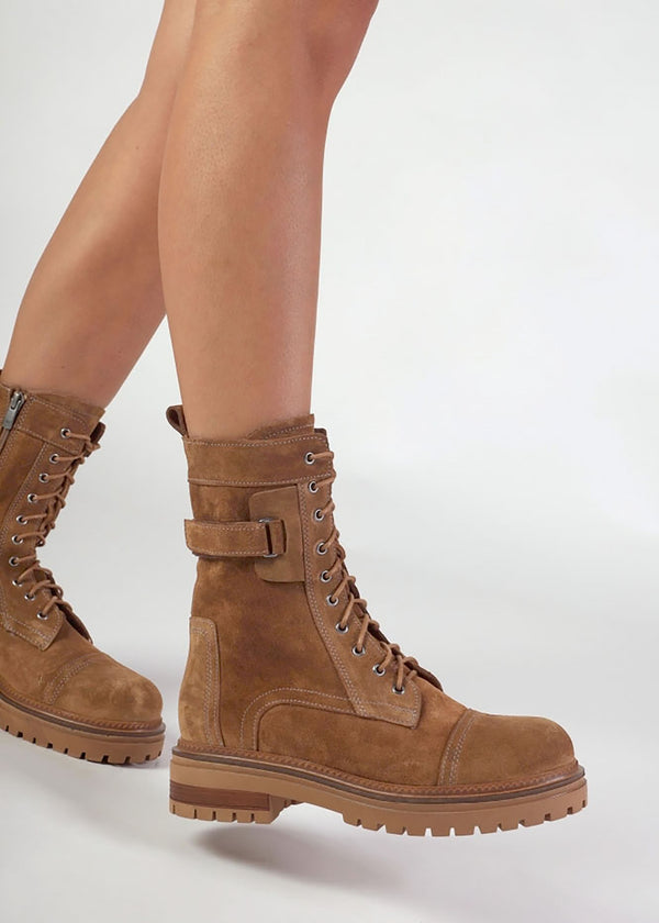 Idris Tan Suede Ankle Strap Biker Boots