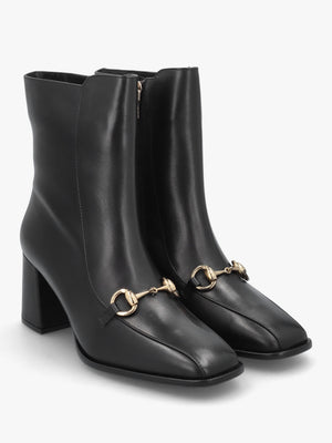 Prim Black Leather Snaffle Block Heel Ankle Boots
