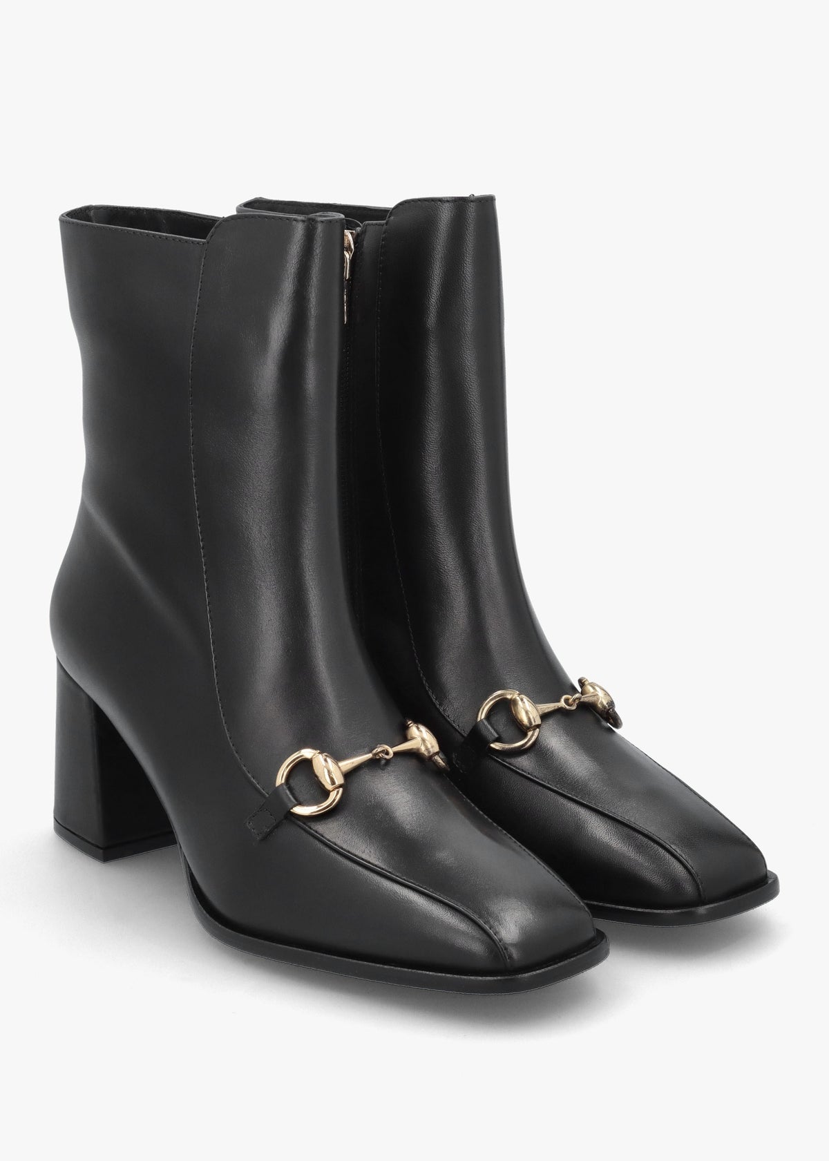 Prim Black Leather Snaffle Block Heel Ankle Boots