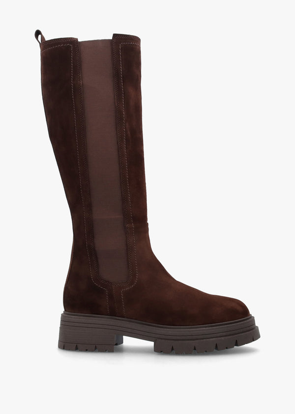 Issa Brown Suede Knee High Chelsea Boots