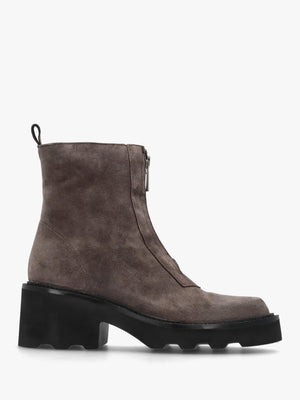 Azzie Grey Suede Front Zip Block Heel Ankle Boots