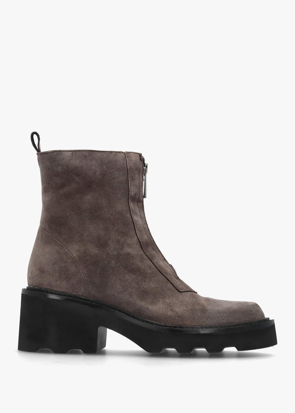 Azzie Grey Suede Front Zip Block Heel Ankle Boots