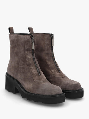 Azzie Grey Suede Front Zip Block Heel Ankle Boots