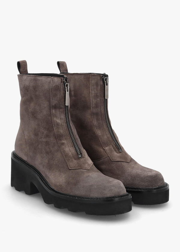 Azzie Grey Suede Front Zip Block Heel Ankle Boots