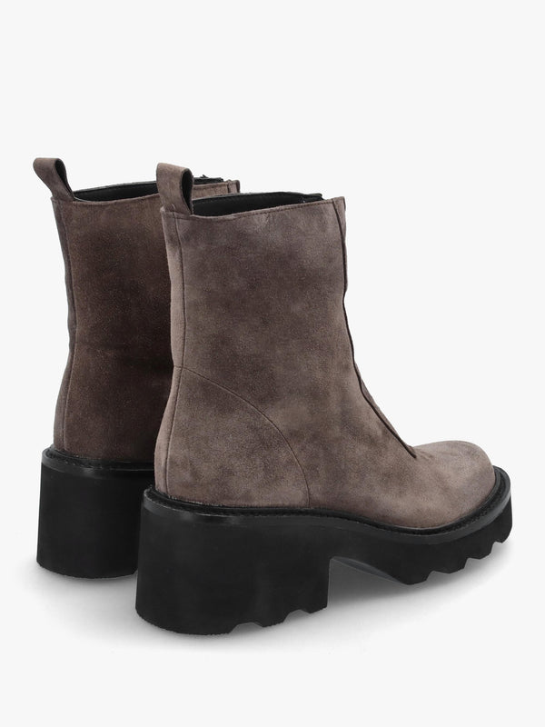 Azzie Grey Suede Front Zip Block Heel Ankle Boots