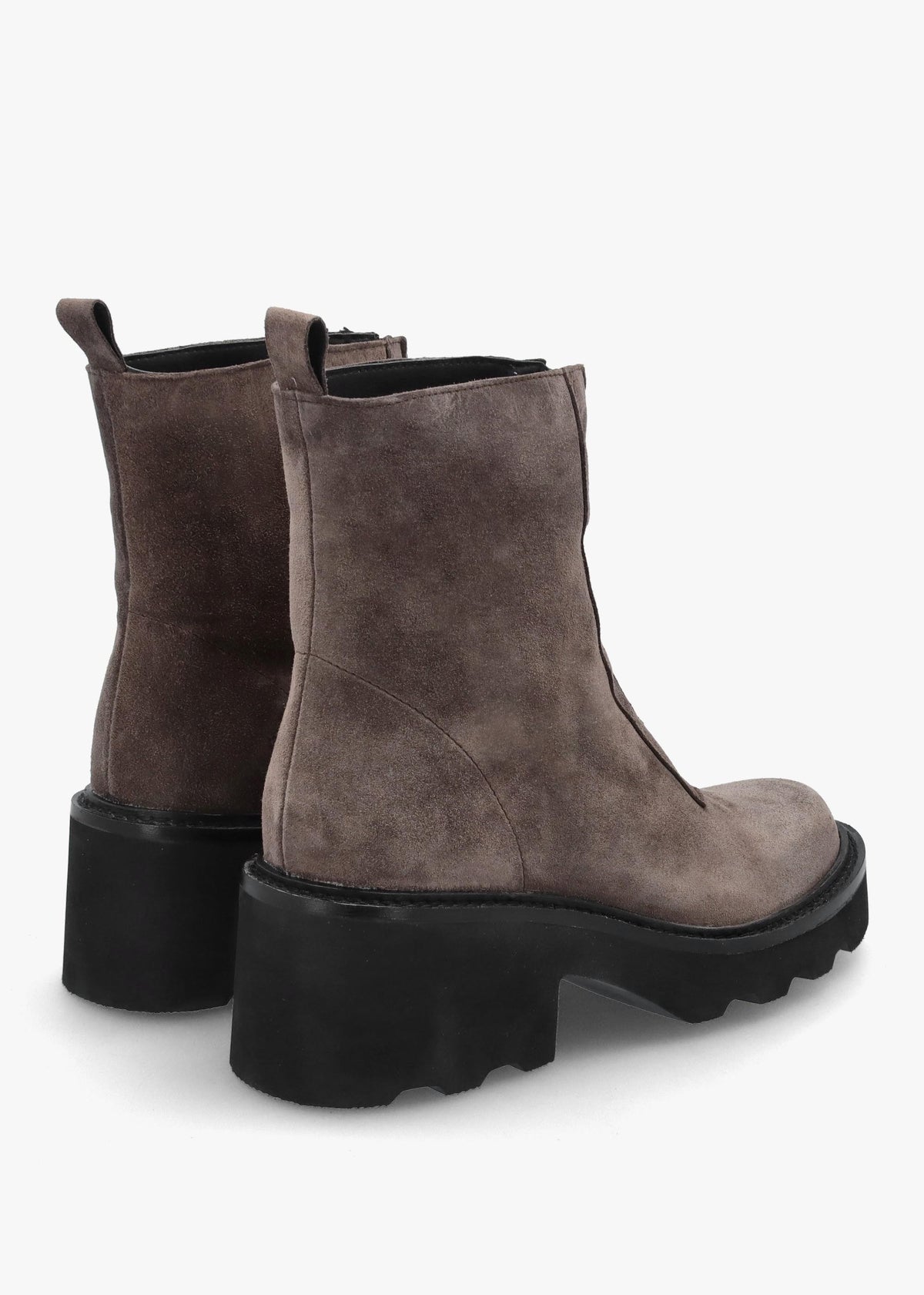 Azzie Grey Suede Front Zip Block Heel Ankle Boots