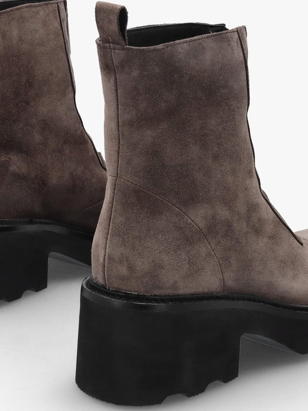 Azzie Grey Suede Front Zip Block Heel Ankle Boots