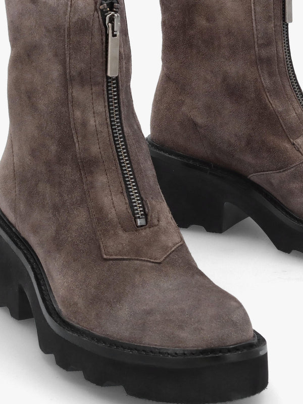 Azzie Grey Suede Front Zip Block Heel Ankle Boots
