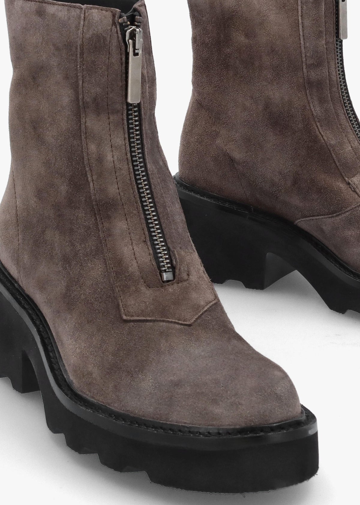 Azzie Grey Suede Front Zip Block Heel Ankle Boots
