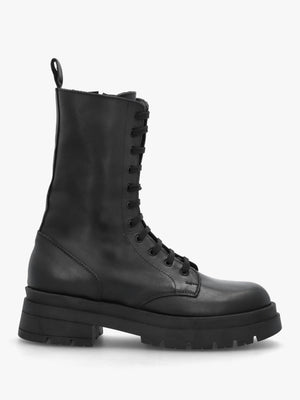 Black Leather High Shaft Lace Up Biker Boots