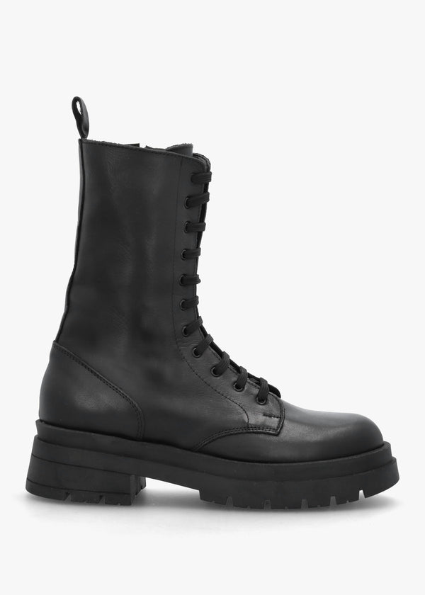 Black Leather High Shaft Lace Up Biker Boots