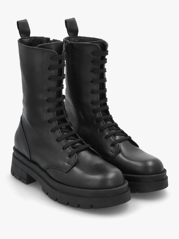 Black Leather High Shaft Lace Up Biker Boots