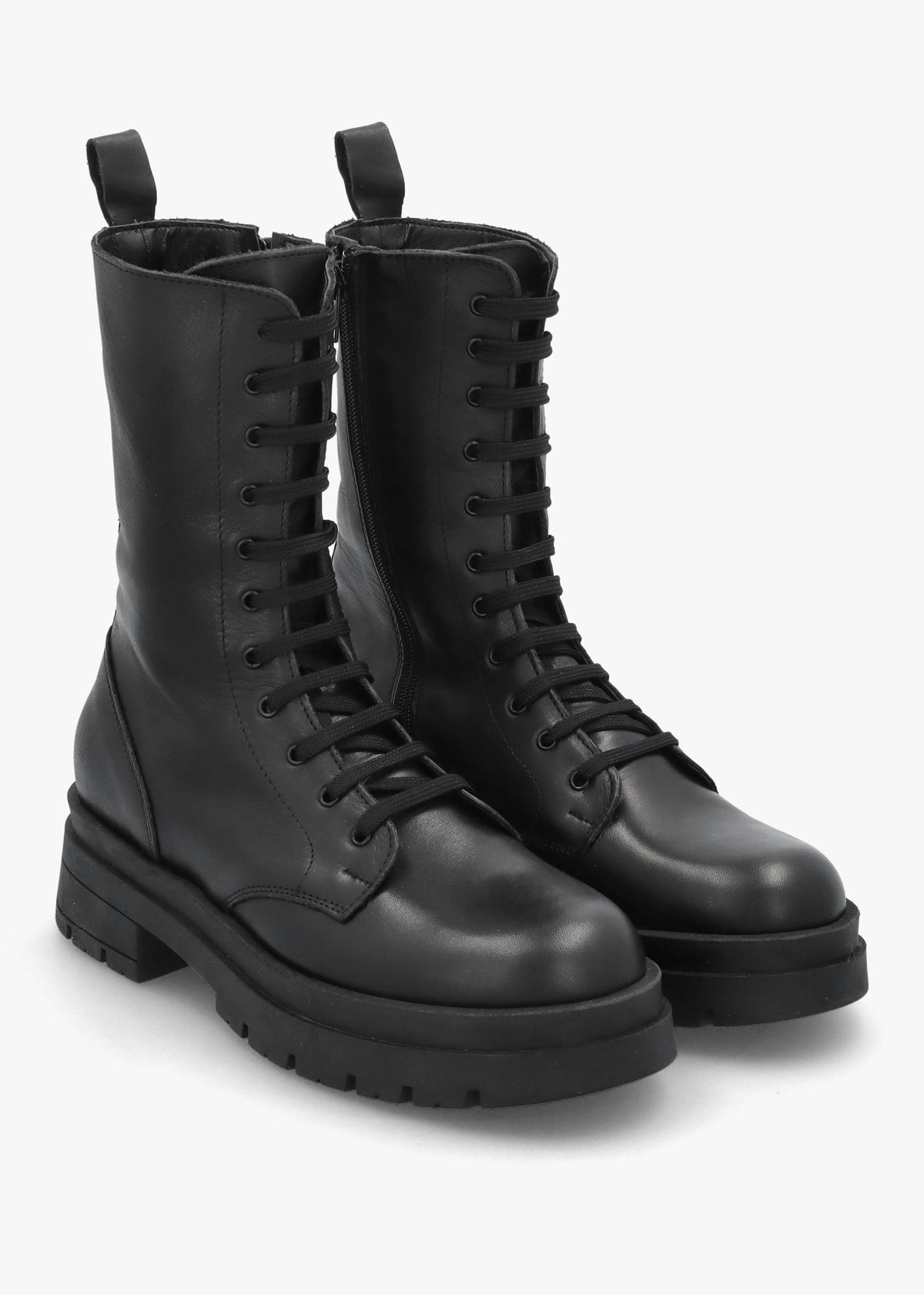 Black Leather High Shaft Lace Up Biker Boots