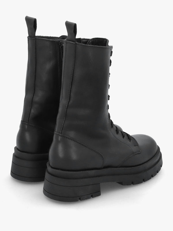 Black Leather High Shaft Lace Up Biker Boots