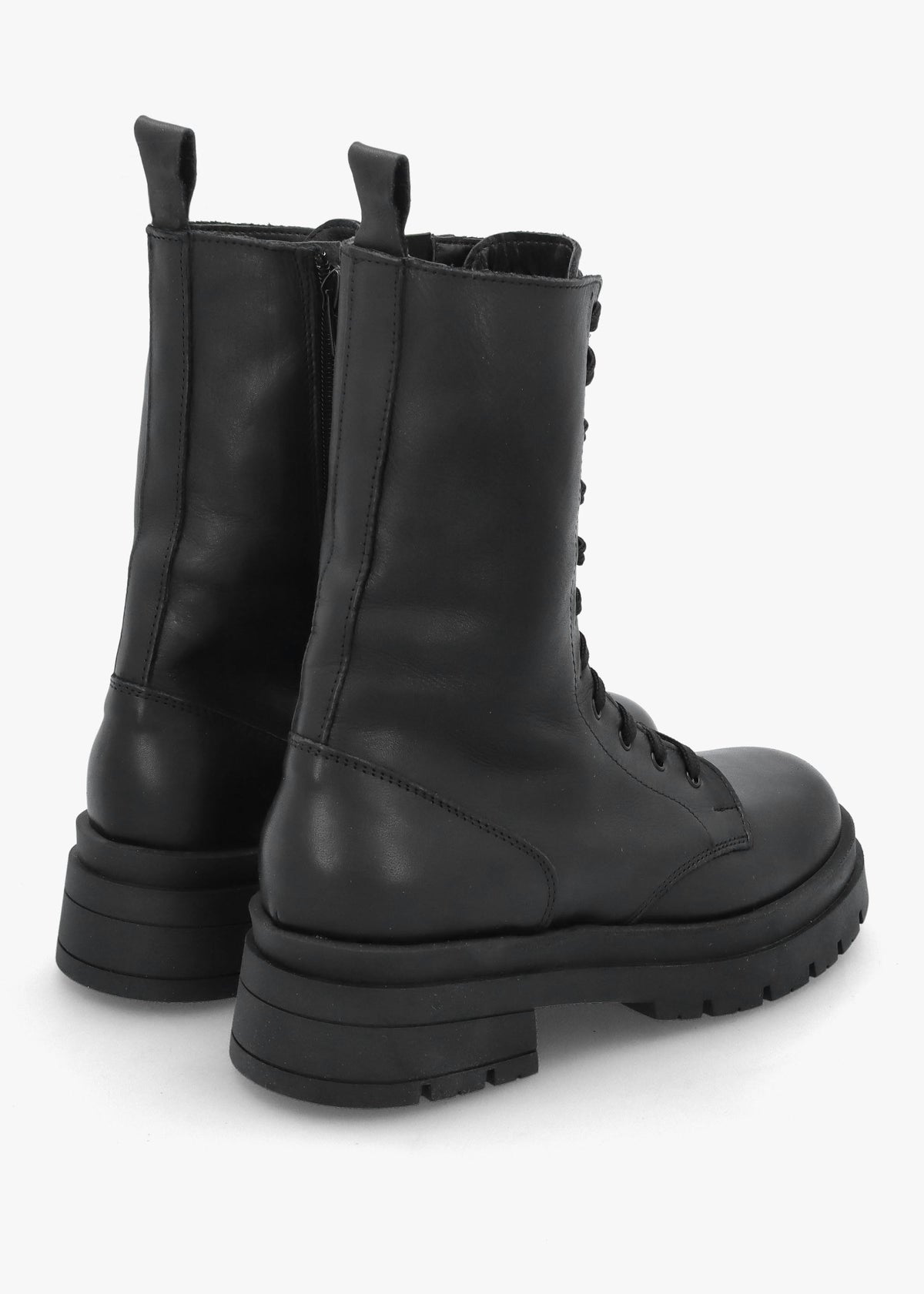 Black Leather High Shaft Lace Up Biker Boots