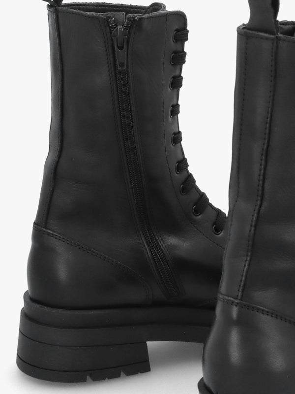 Black Leather High Shaft Lace Up Biker Boots
