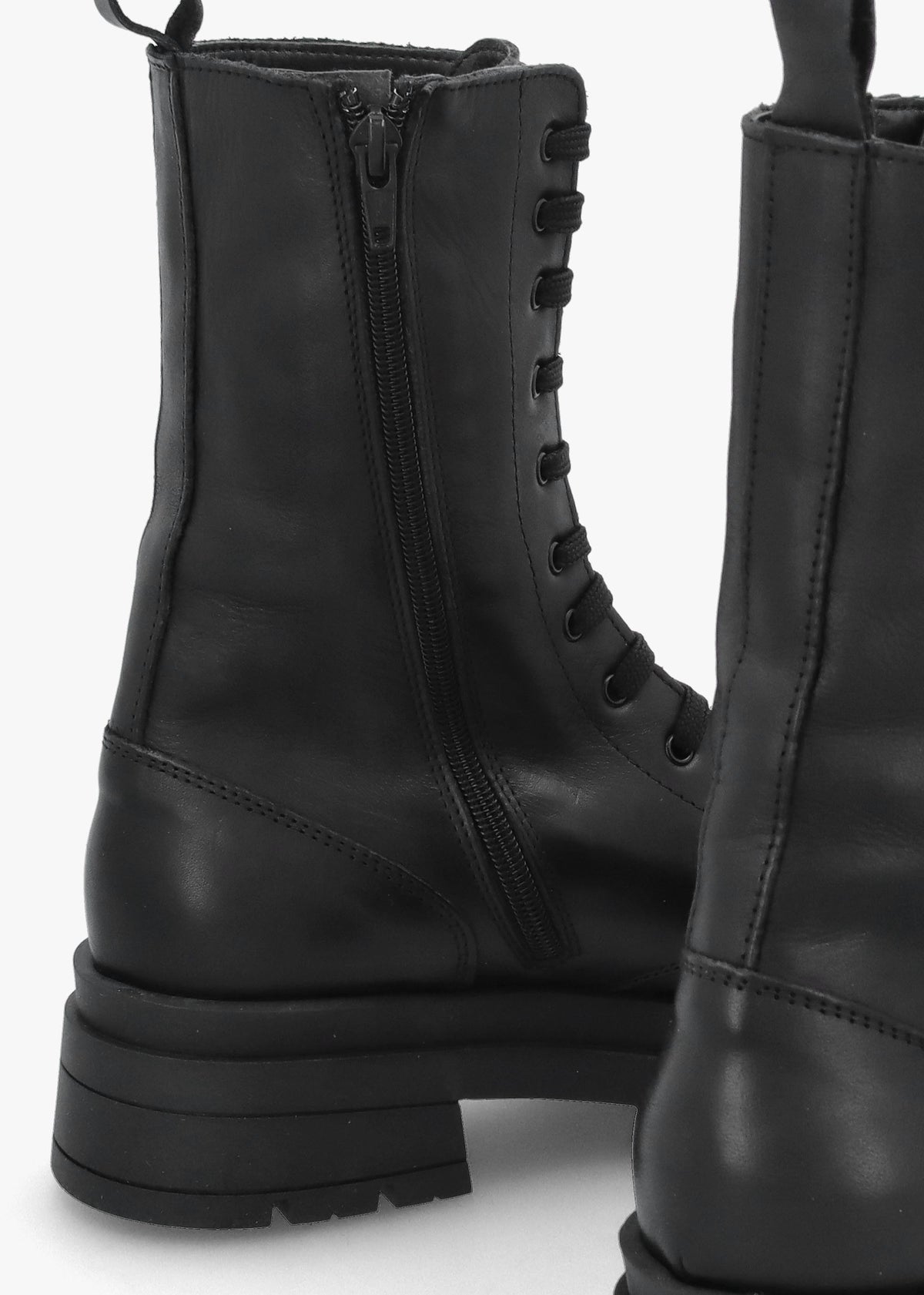Black Leather High Shaft Lace Up Biker Boots