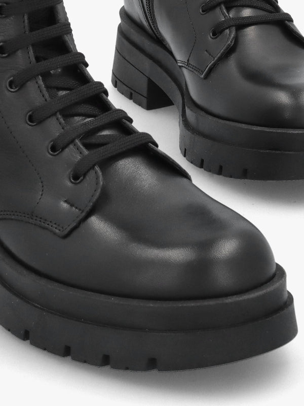 Black Leather High Shaft Lace Up Biker Boots
