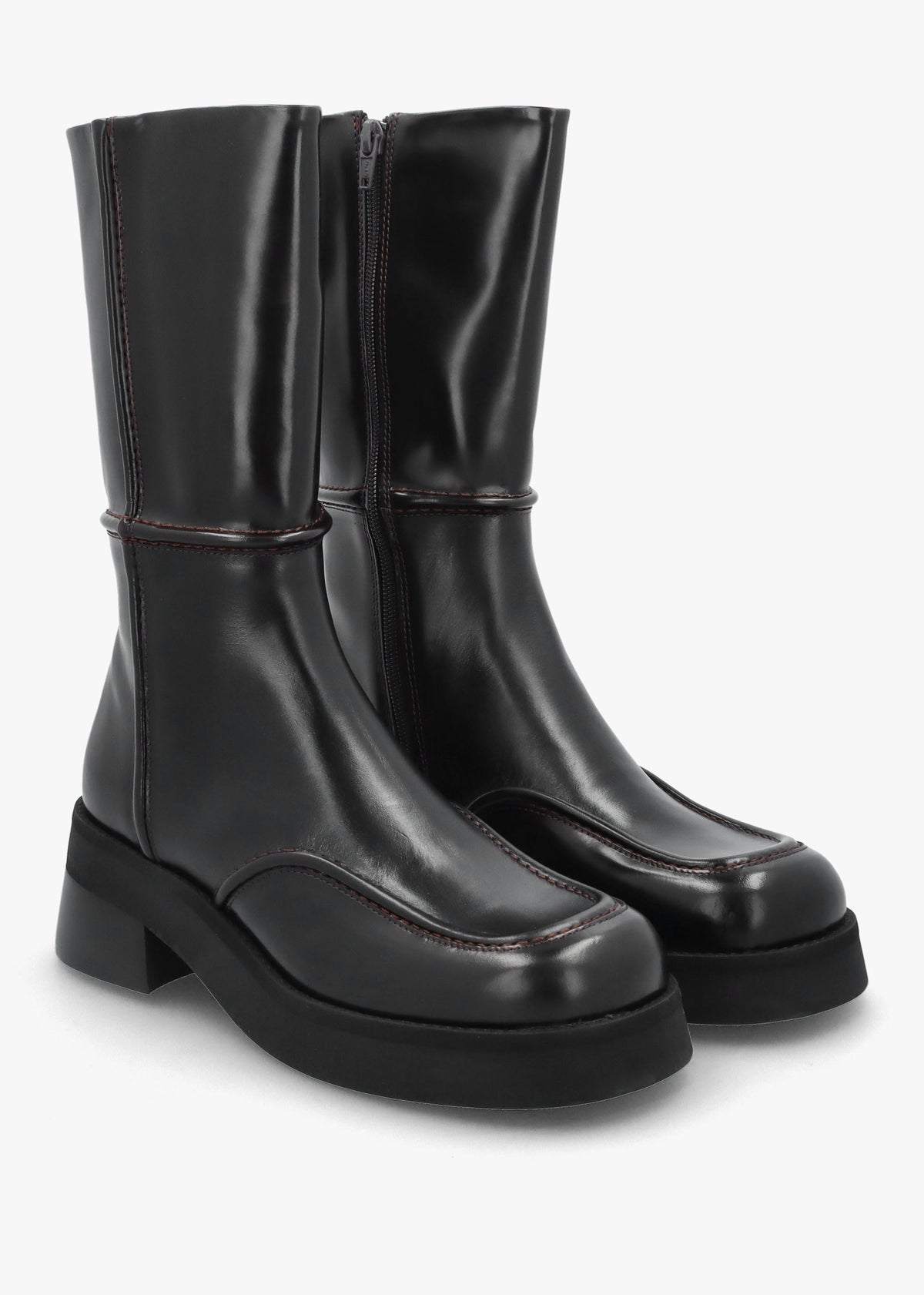 Innes Brown Leather Block Heel Mid-Calf Boots