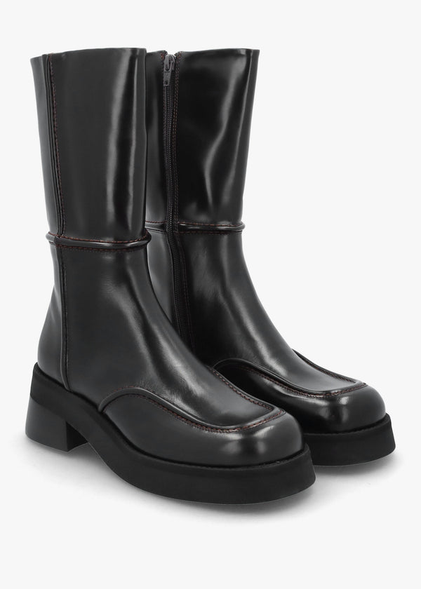Innes Brown Leather Block Heel Mid-Calf Boots