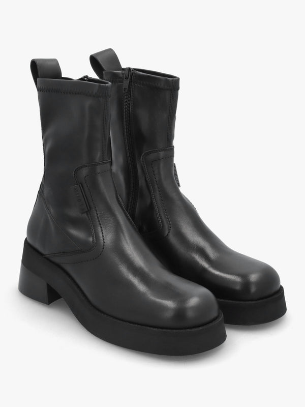 Oliana Black Leather Flared Low Heel Ankle Boots