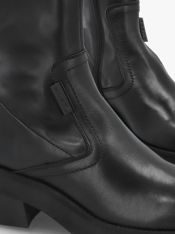 Oliana Black Leather Flared Low Heel Ankle Boots