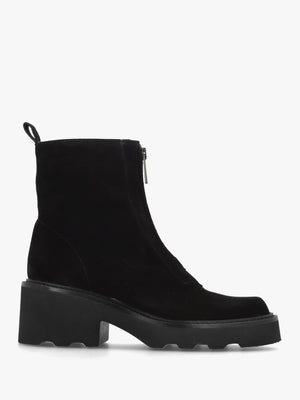 Azzie Black Suede Front Zip Block Heel Ankle Boots
