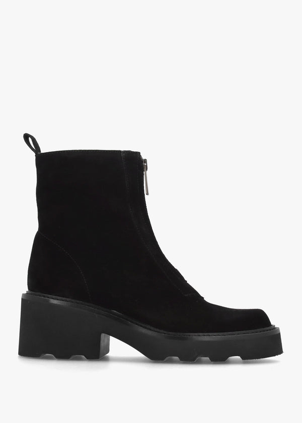 Azzie Black Suede Front Zip Block Heel Ankle Boots