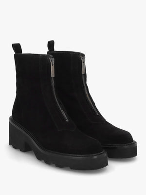 Azzie Black Suede Front Zip Block Heel Ankle Boots