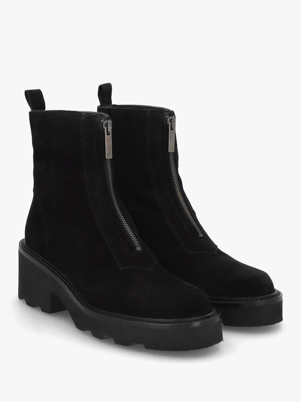 Azzie Black Suede Front Zip Block Heel Ankle Boots