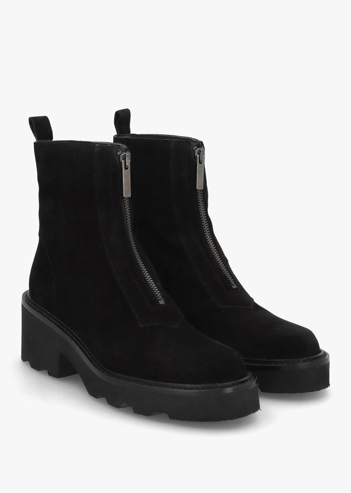 Azzie Black Suede Front Zip Block Heel Ankle Boots