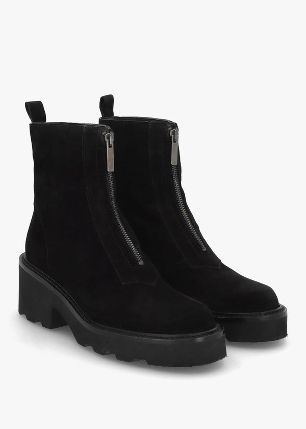 Azzie Black Suede Front Zip Block Heel Ankle Boots