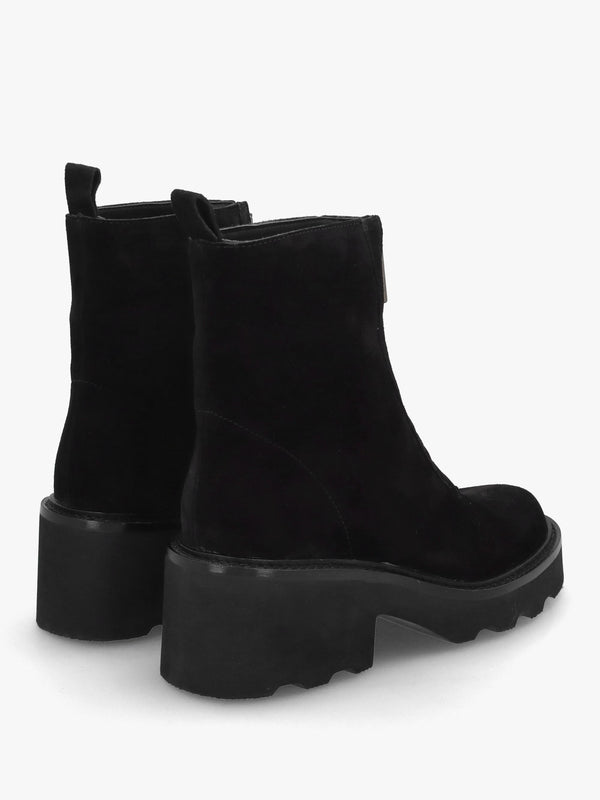 Azzie Black Suede Front Zip Block Heel Ankle Boots