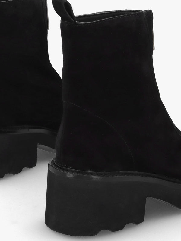 Azzie Black Suede Front Zip Block Heel Ankle Boots