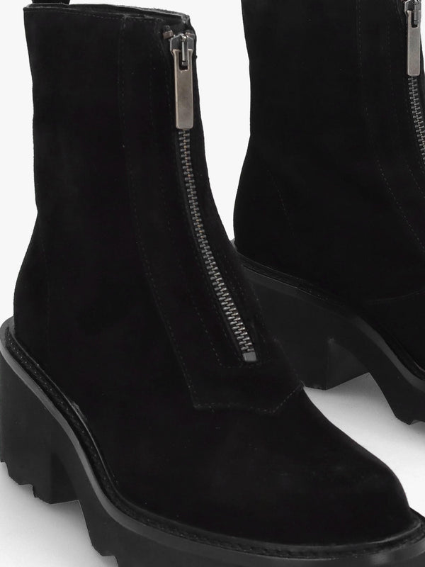 Azzie Black Suede Front Zip Block Heel Ankle Boots