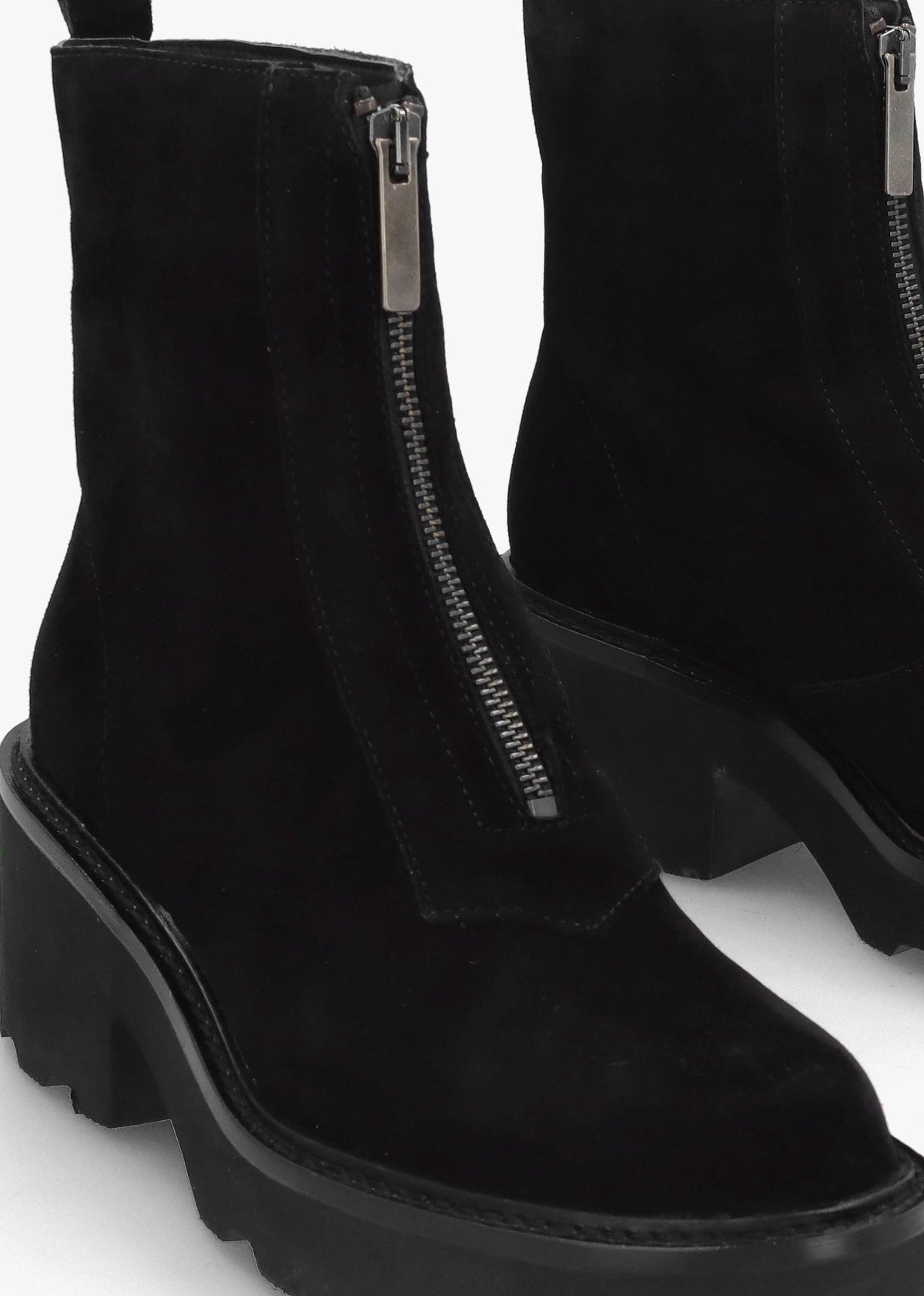 Azzie Black Suede Front Zip Block Heel Ankle Boots