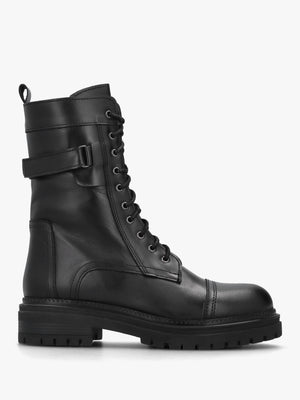 Idris Black Leather Ankle Strap Biker Boots
