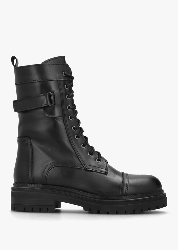 Idris Black Leather Ankle Strap Biker Boots