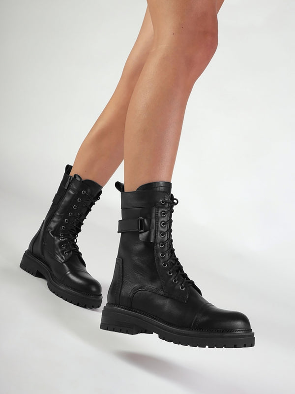 Idris Black Leather Ankle Strap Biker Boots