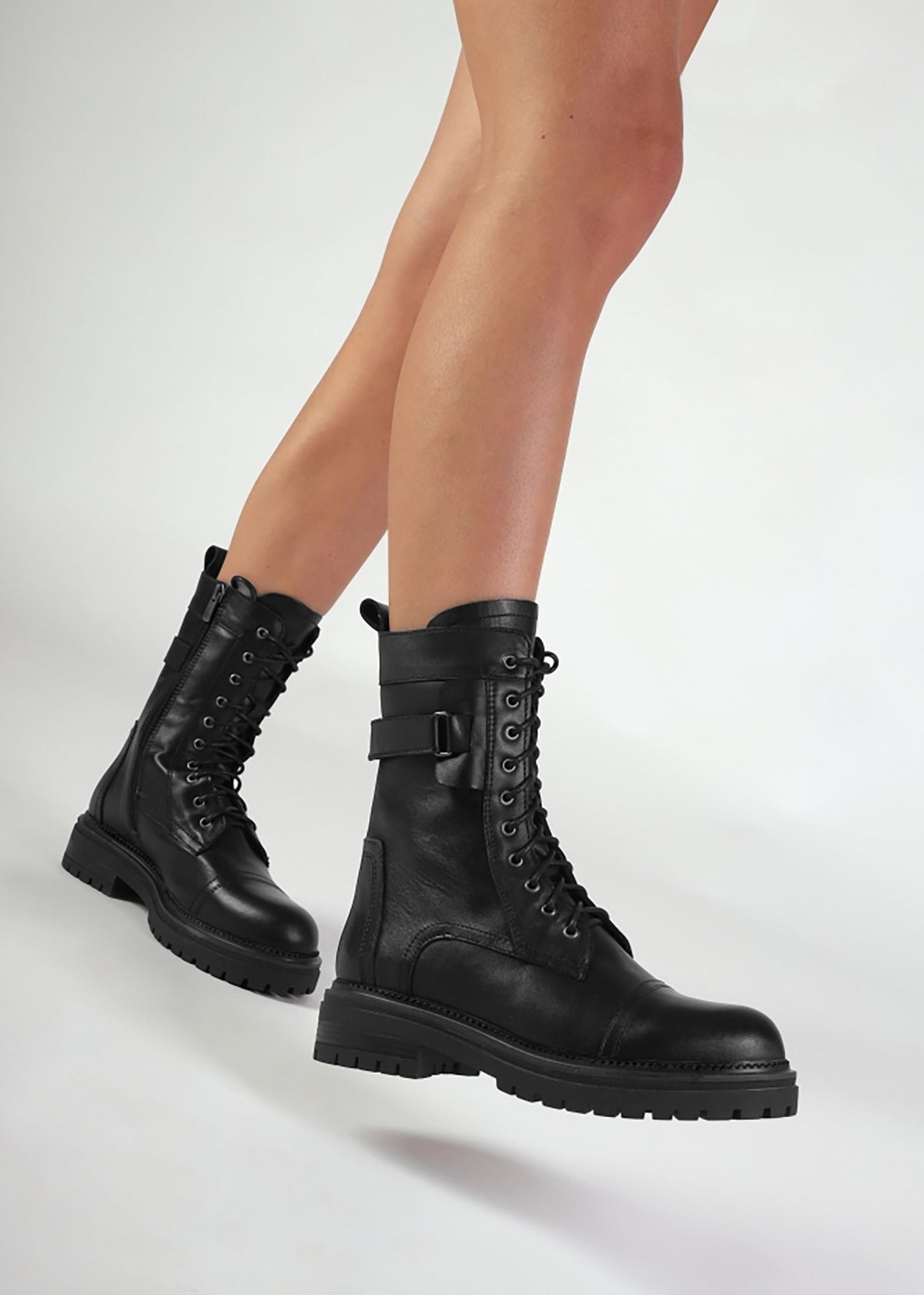 Idris Black Leather Ankle Strap Biker Boots