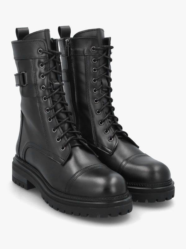 Idris Black Leather Ankle Strap Biker Boots