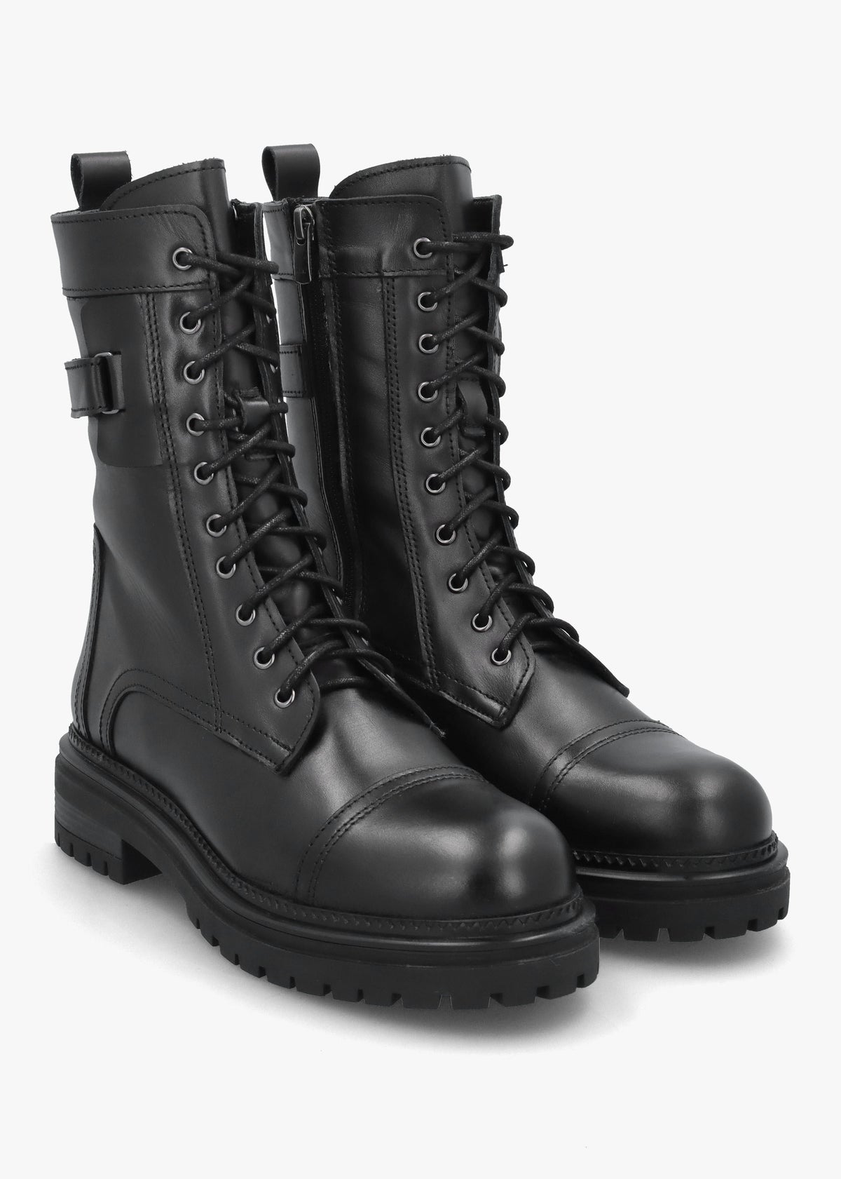 Idris Black Leather Ankle Strap Biker Boots