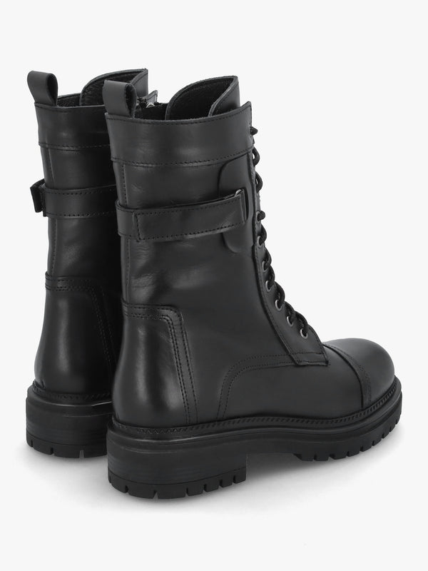 Idris Black Leather Ankle Strap Biker Boots