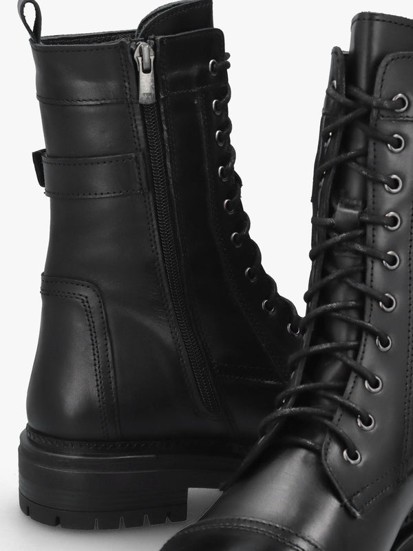 Idris Black Leather Ankle Strap Biker Boots
