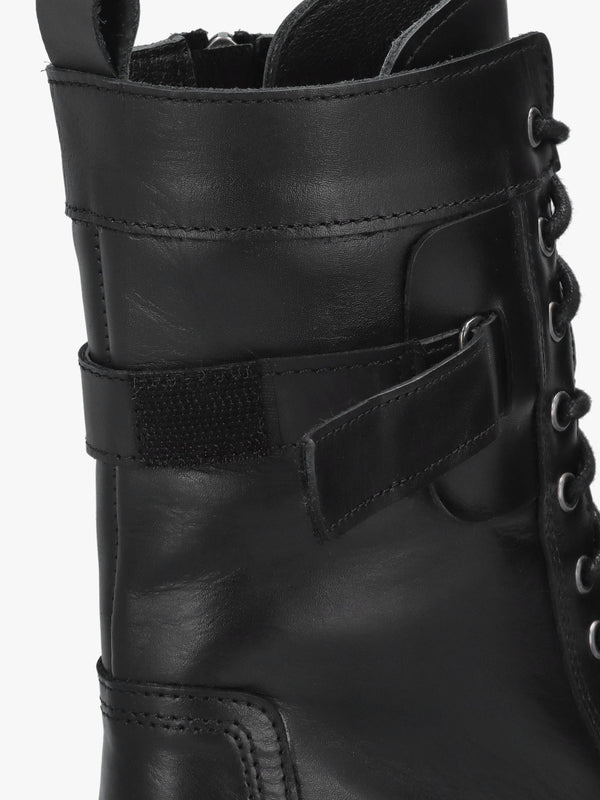 Idris Black Leather Ankle Strap Biker Boots