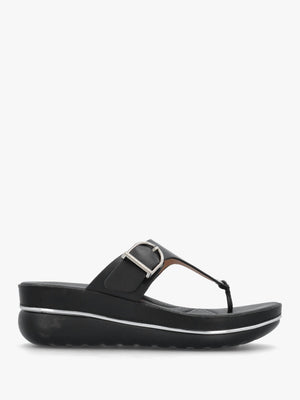 Jesse Black Leather Toe Post Wedge Sandals