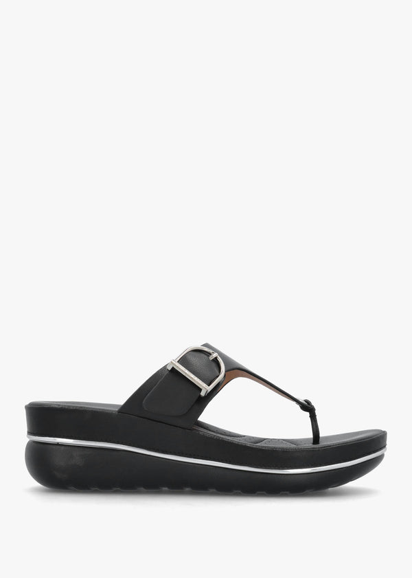Jesse Black Leather Toe Post Wedge Sandals
